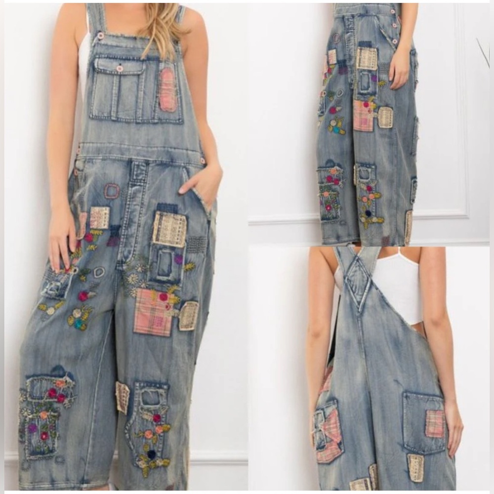 NWT Blue Velvet multi print patch and embroidered overalls Sz XL